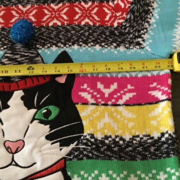 Holiday Hype Cat Christmas Sweater Pom Pom Hat Multicolor Fair Isle Festive Sz L - Picture 10 of 11